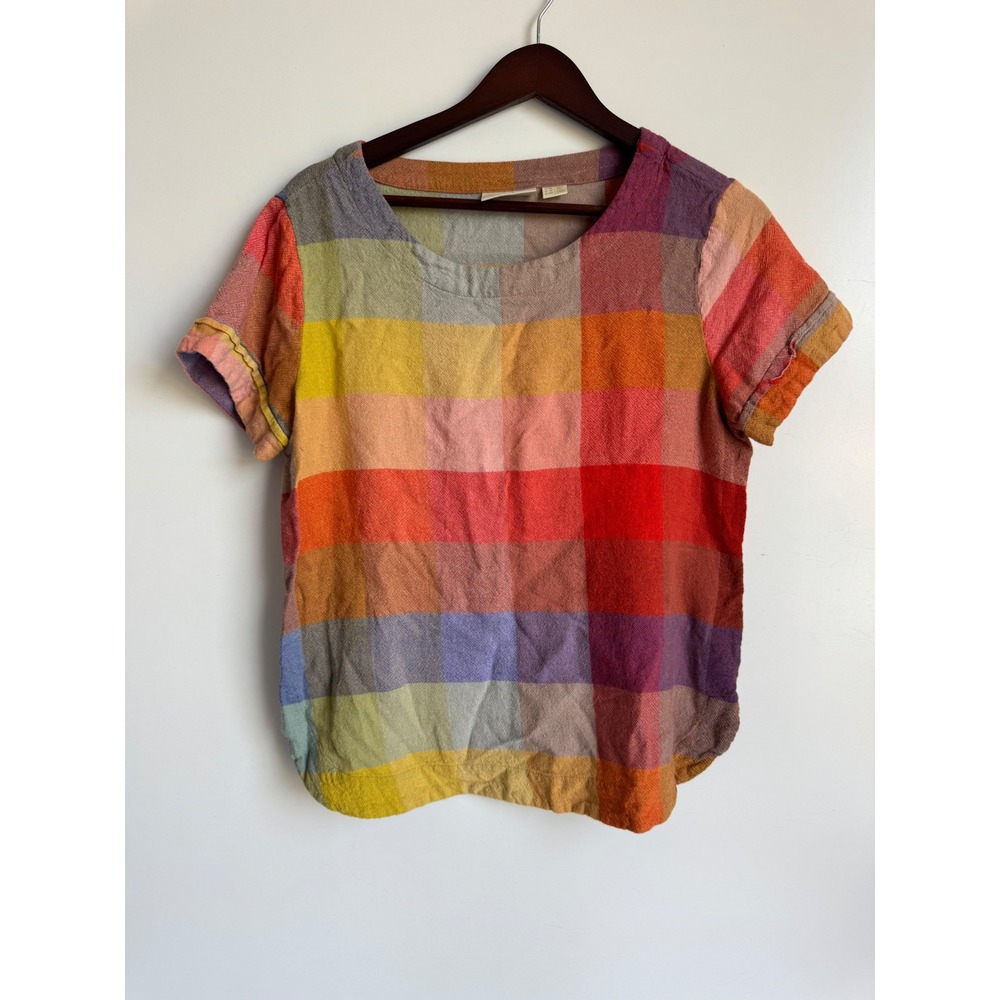 Maeve Anthropologie Rainbow Plaid Rayon Wool Blend Short Sleeve Top Size 8P